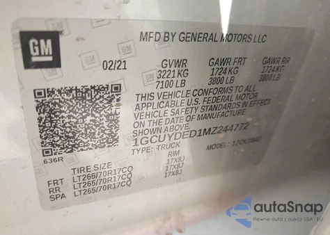 2021 Chevrolet Silverado 1500 4Wd Short Bed Lt z USA, uszkodzony, nr VIN 1GCUYDED1MZ244772